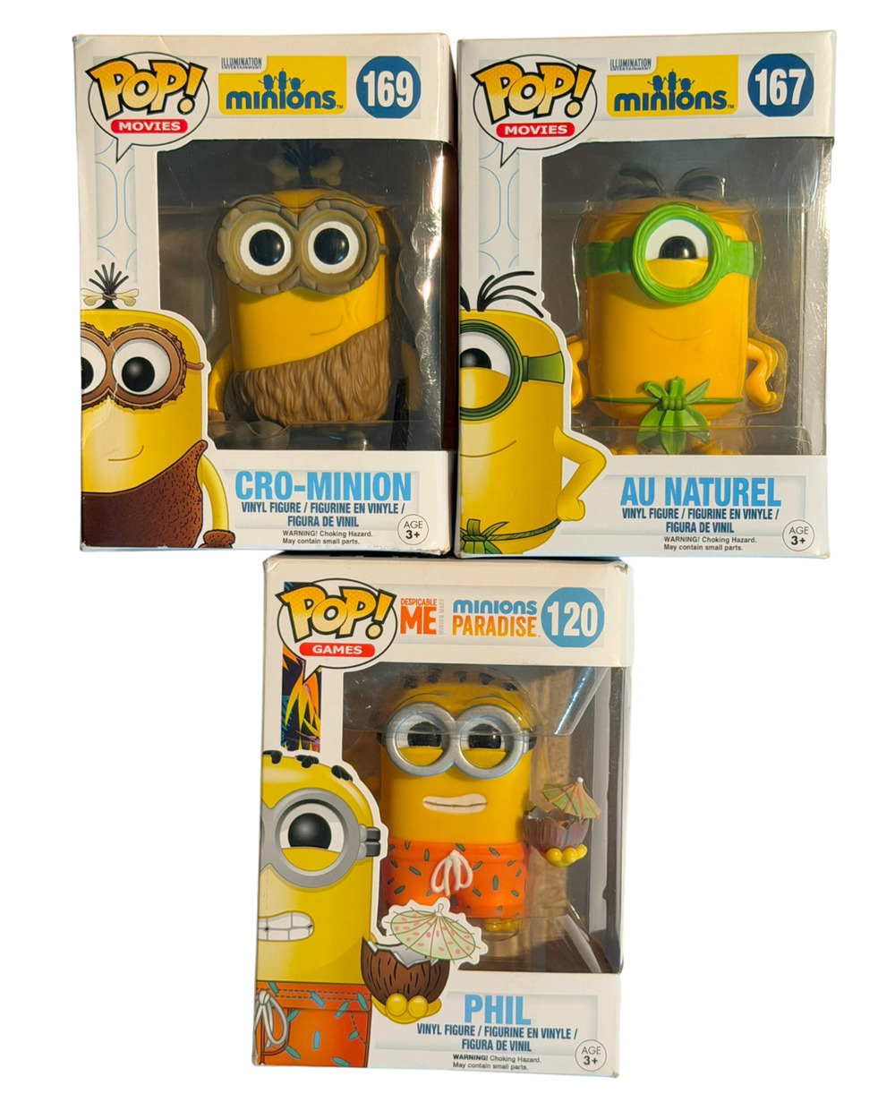 Funko Pop Minions Figurines 3 Pc Bundle 167 Au Naturel 120 Phil 169 Cro-Minion